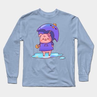 Pissed Pudgy Pig in a Purple Poncho with a Penguin Umbrella Long Sleeve T-Shirt